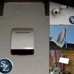 Kompozycja zdjęć: centrala alarmowa Honeywell na ścianie, kamera monitoringu zewnętrznego, antena satelitarna na dachu, szyld reklamowy w ogrodzie.