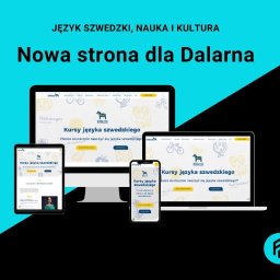 Ferrum Web - Prezentacja responsywnej strony internetowej dla szkoły językowej Dalarna.pl na ekranie komputera, laptopa, tabletu i smartfona. Strona w kolorystyce niebiesko-biało-żółtej z motywami szwedzkimi.