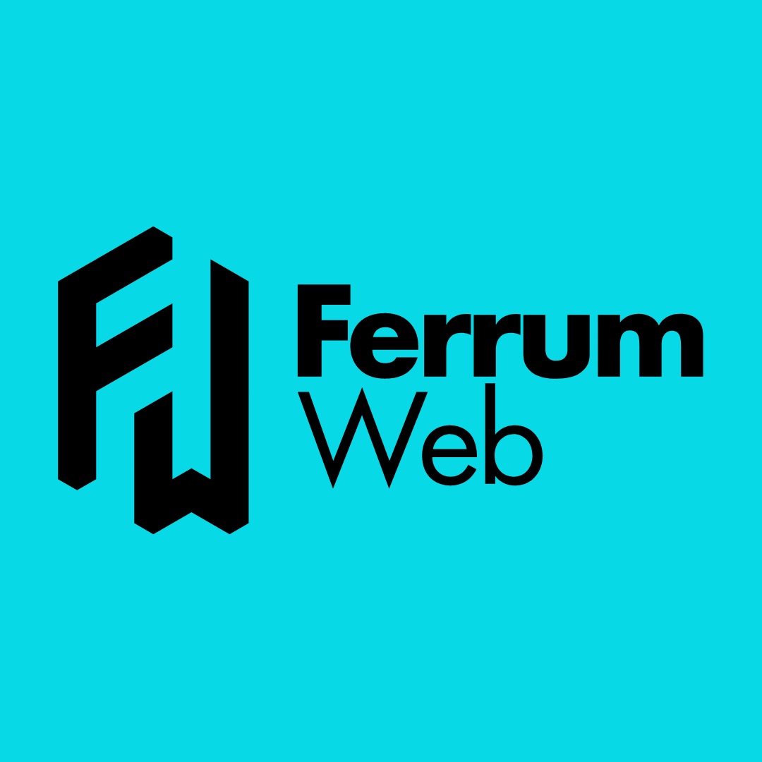 Logo firmy Ferrum Web: czarny, geometryczny symbol FW po lewej, nazwa firmy po prawej, na jasnym turkusowym tle.
