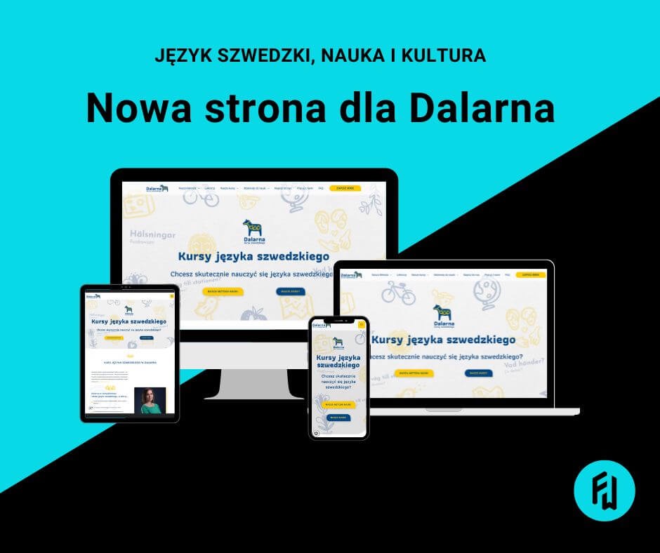 Prezentacja responsywnej strony internetowej dla szkoły językowej Dalarna.pl na ekranie komputera, laptopa, tabletu i smartfona. Strona w kolorystyce niebiesko-biało-żółtej z motywami szwedzkimi.