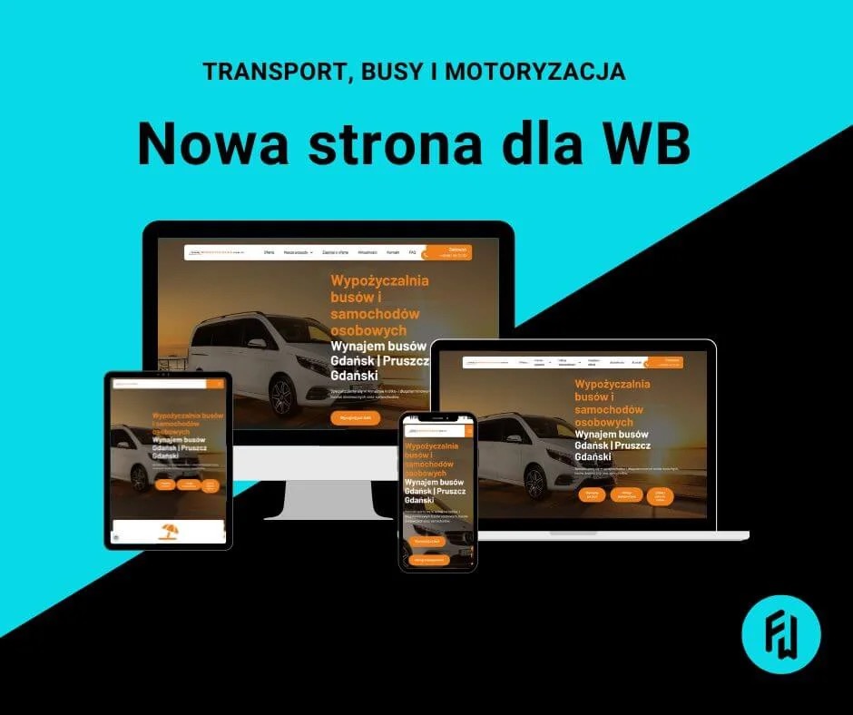 Responsywny układ strony internetowej wypożyczalni busów, wyświetlany na ekranie komputera, laptopa, tabletu i smartfona, prezentujący ofertę wynajmu busów w Gdańsku i Pruszczu Gdańskim.