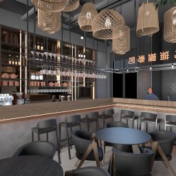 Magda Zając - pracownia architektury wnętrz - Wizualizacja wnętrza restauracji Gyozilla z barem, krzesłami barowymi, stolikami i dekoracyjnymi lampami z wikliny.