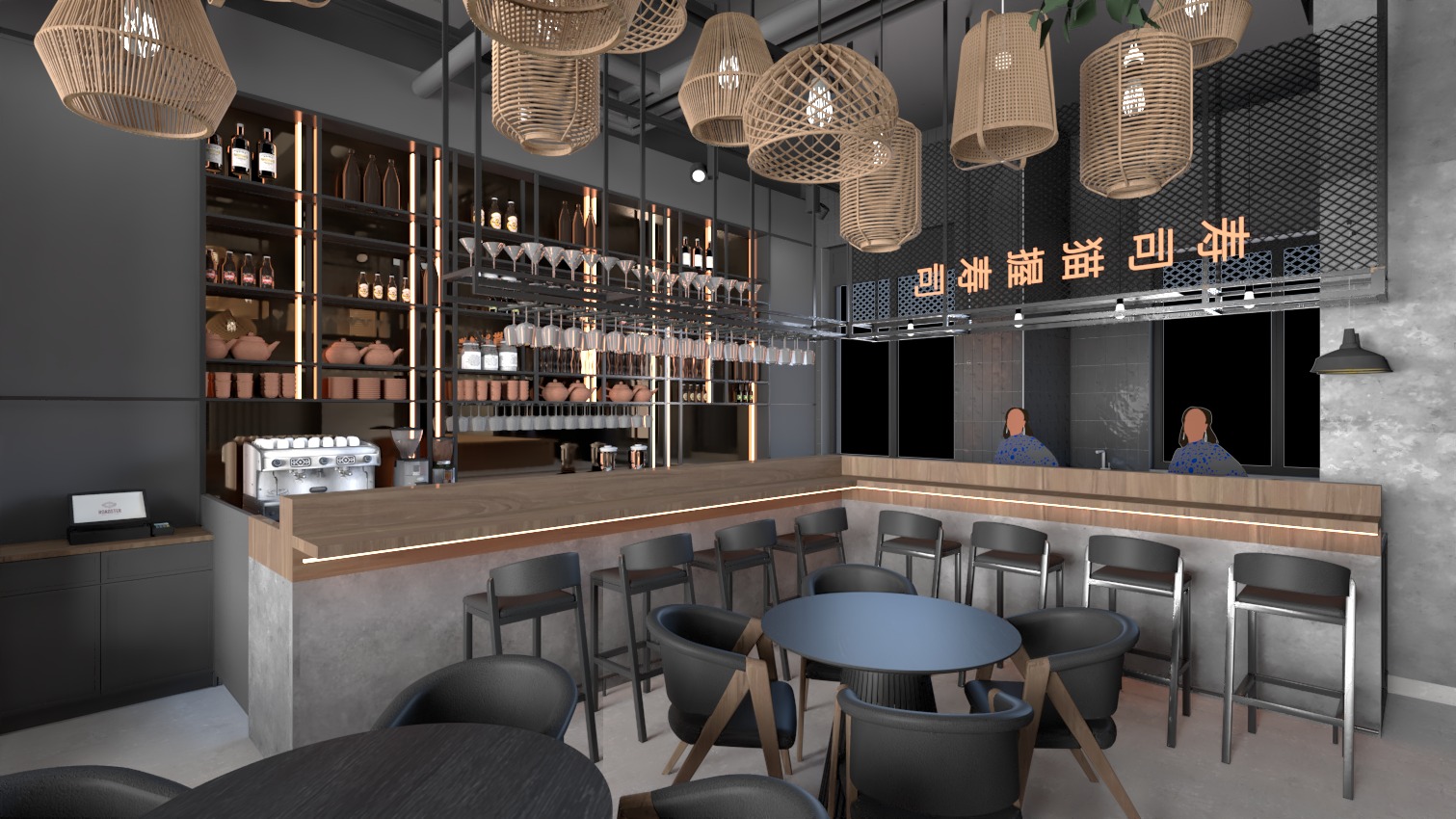 Wizualizacja wnętrza restauracji Gyozilla z barem, krzesłami barowymi, stolikami i dekoracyjnymi lampami z wikliny.