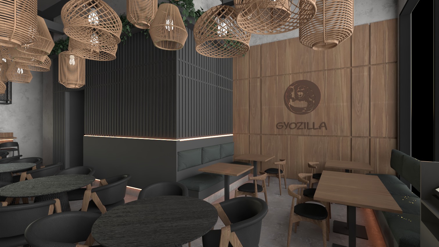 Wizualizacja wnętrza restauracji Gyozilla z drewnianymi panelami, plecionymi lampami i ciemnymi meblami.