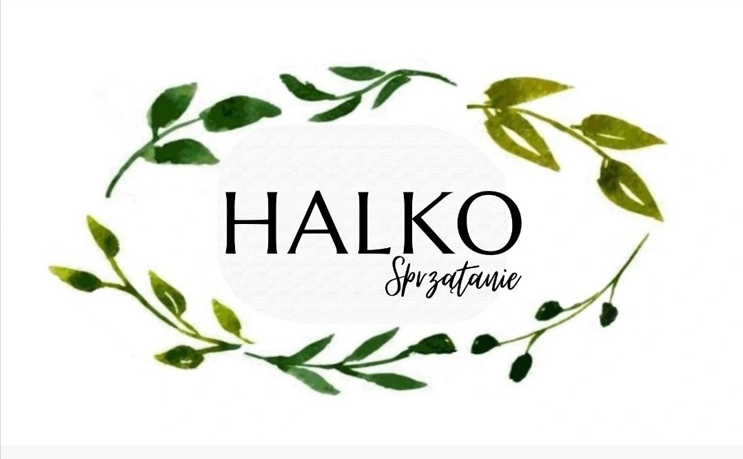 Logo firmy HALKO Sprzątanie, otoczone akwarelowym wieńcem z zielonych gałązek, na białym tle. Minimalistyczny design z elegancką czcionką.