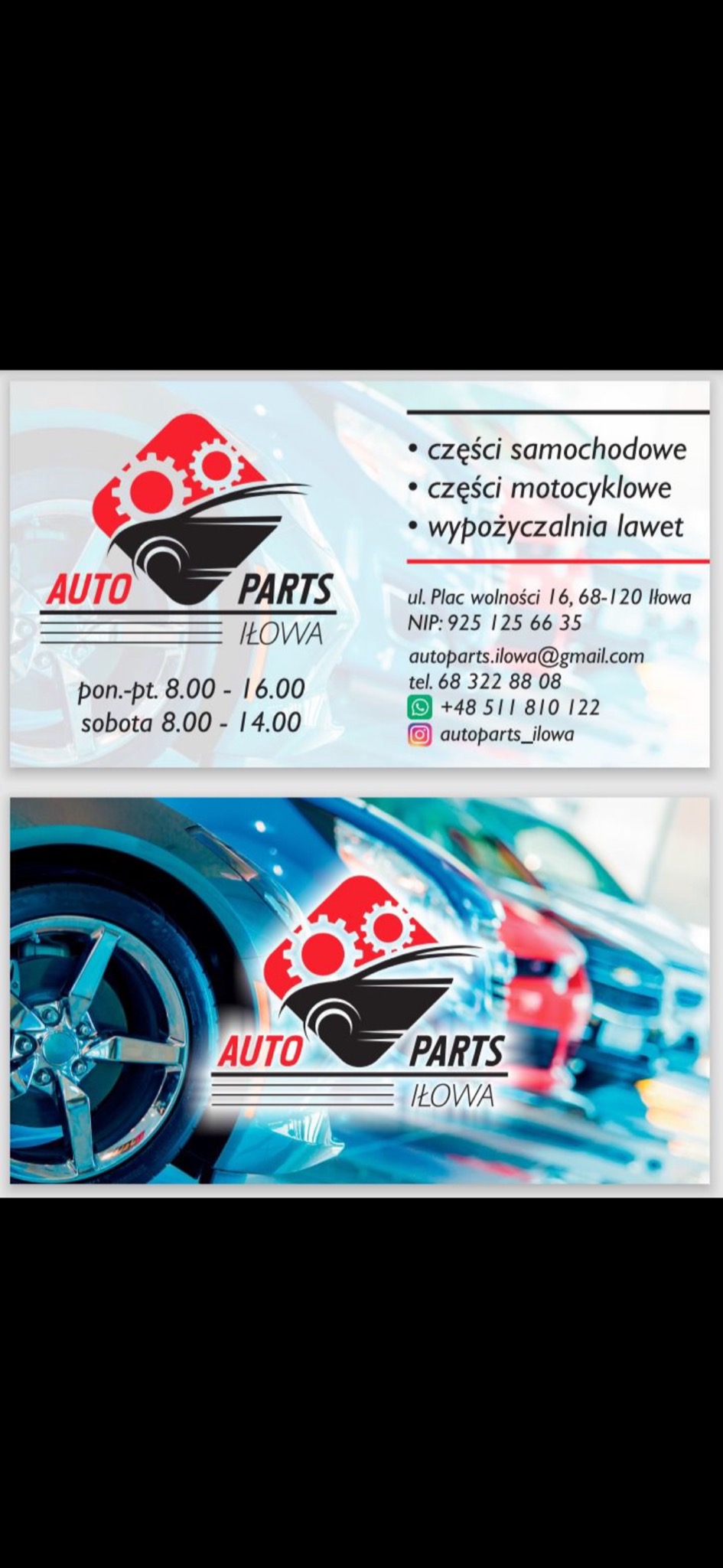 Wizytówka firmy Auto Parts z Iłowy oferującej części samochodowe i motocyklowe oraz wypożyczalnię lawet, z logo z kołami zębatymi i grafiką samochodów w tle.