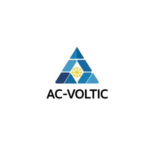 Logo firmy AC-VOLTIC: niebieski trójkąt z płatkiem śniegu w środku, nazwa firmy poniżej. Symbolizuje chłodzenie i klimatyzację.
