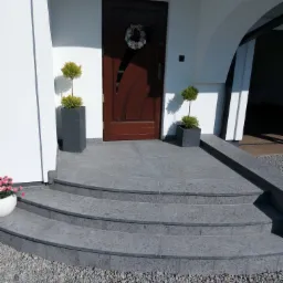 Trzy stopnie schodów wejściowych wyłożone szarą płytką, z donicami z roślinami po bokach drzwi wejściowych z dekoracyjnym wieńcem.