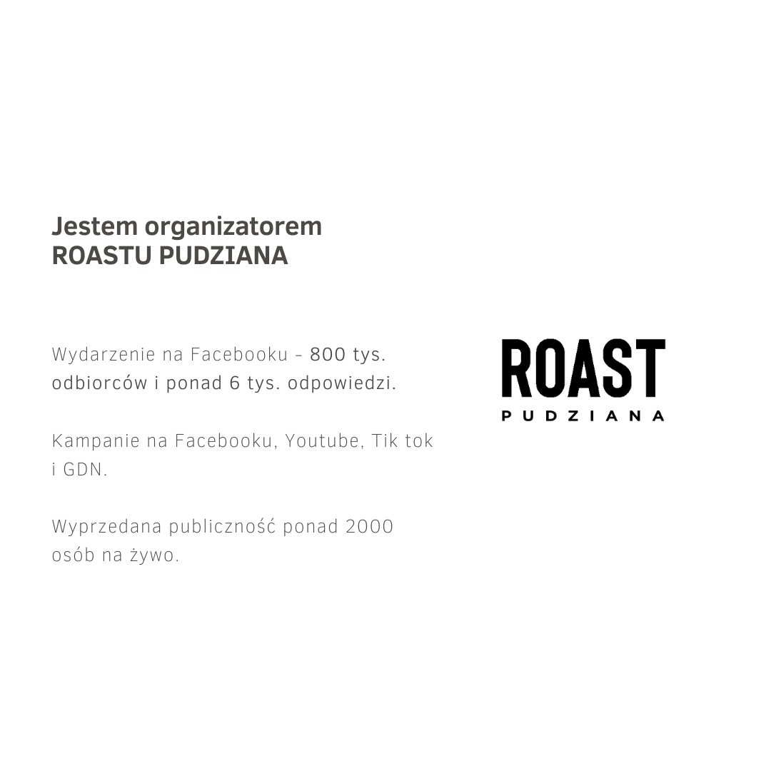 Grafika informująca o organizacji wydarzenia ROASTU PUDZIANA, z danymi o zasięgu na Facebooku, YouTube, Tik Tok i GDN oraz informacją o wyprzedanej publiczności na żywo.