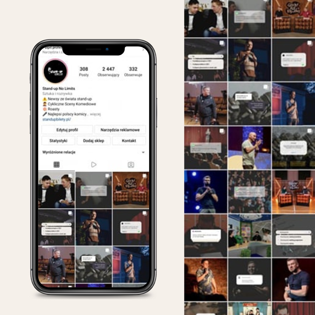 Ekran smartfona prezentujący profil na Instagramie, z siatką miniatur zdjęć z występów stand-up, widoczne posty, obserwujący i obserwowane.