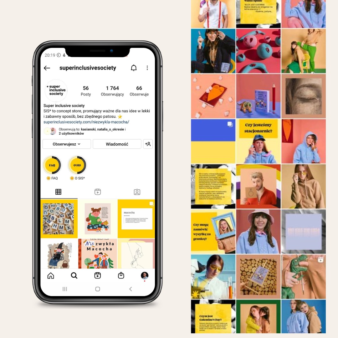 Ekran smartfona prezentujący profil Super Inclusive Society na Instagramie, z widocznymi postami o zróżnicowanej tematyce i estetyce, w tym ilustracje i zdjęcia produktowe.
