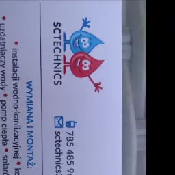 Wizytówka firmy SCTechnics z logo przedstawiającym dwie krople wody (niebieską i czerwoną) z uśmiechniętymi buziami, oferującej wymianę i montaż instalacji wodno-kanalizacyjnych, uzdatniaczy wody...