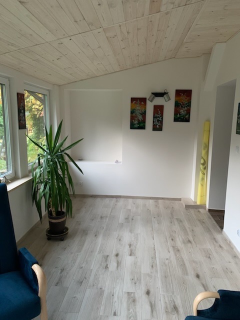 Jasne wnętrze pokoju z drewnianym stropem, panelami podłogowymi imitującymi drewno, białymi ścianami, trzema obrazami na ścianie, rośliną doniczkową w rogu i dwoma fotelami z niebieską tapicerką.