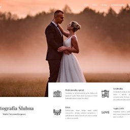 MSAD.dev - Strona internetowa fotografa ślubnego: para młoda w objęciach na tle zamazanego krajobrazu, z nagłówkami 'O nas', 'Oferta', 'Galeria', 'Reportaże ślubne', 'Referencje', 'Kontakt' i logo firmy...