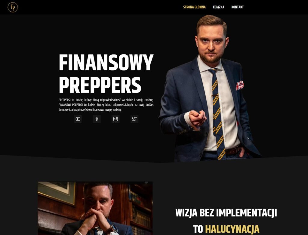 Strona internetowa z nagłówkiem 'Finansowy Preppers', prezentująca portret mężczyzny w garniturze i krawacie na ciemnym tle.