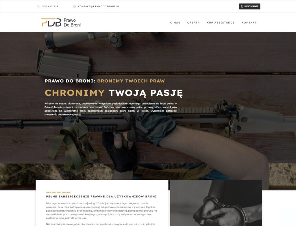 Strona internetowa firmy prawniczej Prawo Do Broni z karabinem i magazynkiem w tle, oferującej pomoc prawną dla posiadaczy broni palnej.