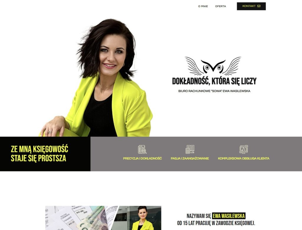 Strona internetowa biura rachunkowego z uśmiechniętą właścicielką w neonowo-żółtej marynarce, logo z sową i hasłem 'Dokładność, która się liczy'.