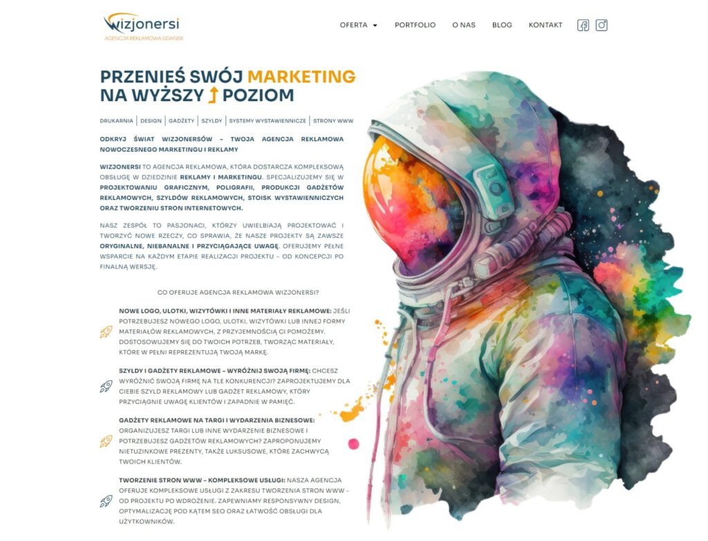 Akwarelowa ilustracja strony internetowej agencji reklamowej z Kazimierza Dolnego, przedstawiająca astronautę w kolorowym skafandrze, symbolizującego marketing na wyższym poziomie.