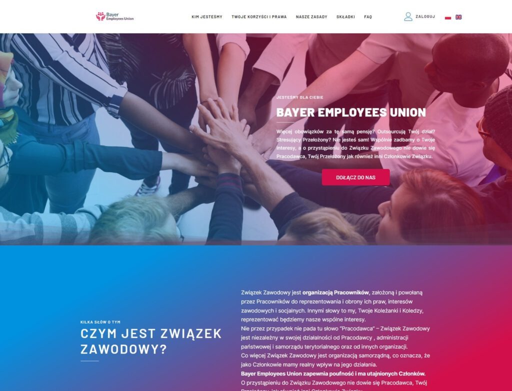 Strona internetowa Bayer Employees Union z grupą ludzi trzymających ręce razem, symbolizującą współpracę i wsparcie, z gradientowym tłem w odcieniach czerwieni i niebieskiego oraz hasłem 'Jesteśmy...