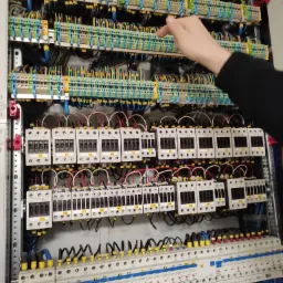 Rozdzielnica elektryczna z licznymi bezpiecznikami, przekaźnikami i listwami zaciskowymi, wskazywana palcem podczas inspekcji lub prac serwisowych.