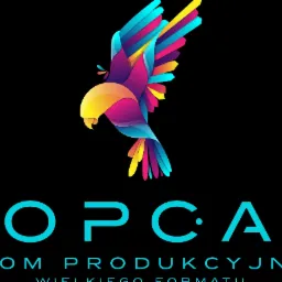 Logo firmy Topcan z kolorowym, geometrycznym wizerunkiem ptaka i napisem 'DOM PRODUKCYJNY WIELKIEGO FORMATU' na czarnym tle.