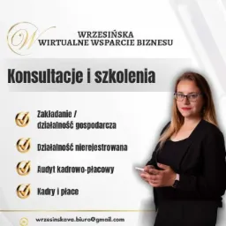 Grafika reklamowa: Konsultacje i szkolenia dla biznesu, z listą usług obejmującą zakładanie działalności, działalność nierejestrowaną, audyt kadrowo-płacowy oraz kadry i płace, obok portret kobiety...
