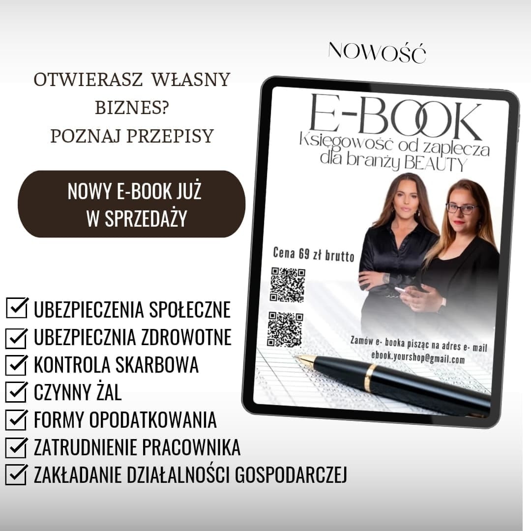 E-book 'Księgowość od zaplecza dla branży BEAUTY' wyświetlany na tablecie, obok lista zagadnień dla osób otwierających własny biznes, cena 69 zł brutto, adres e-mail do zamówień.