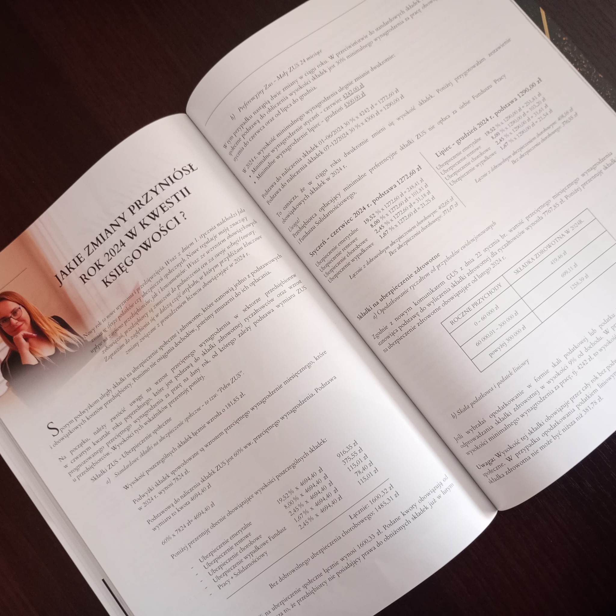 Otwarta książka z tekstem o zmianach w księgowości w 2024 roku, widoczna kobieta z blond włosami w okularach opierająca brodę o rękę.