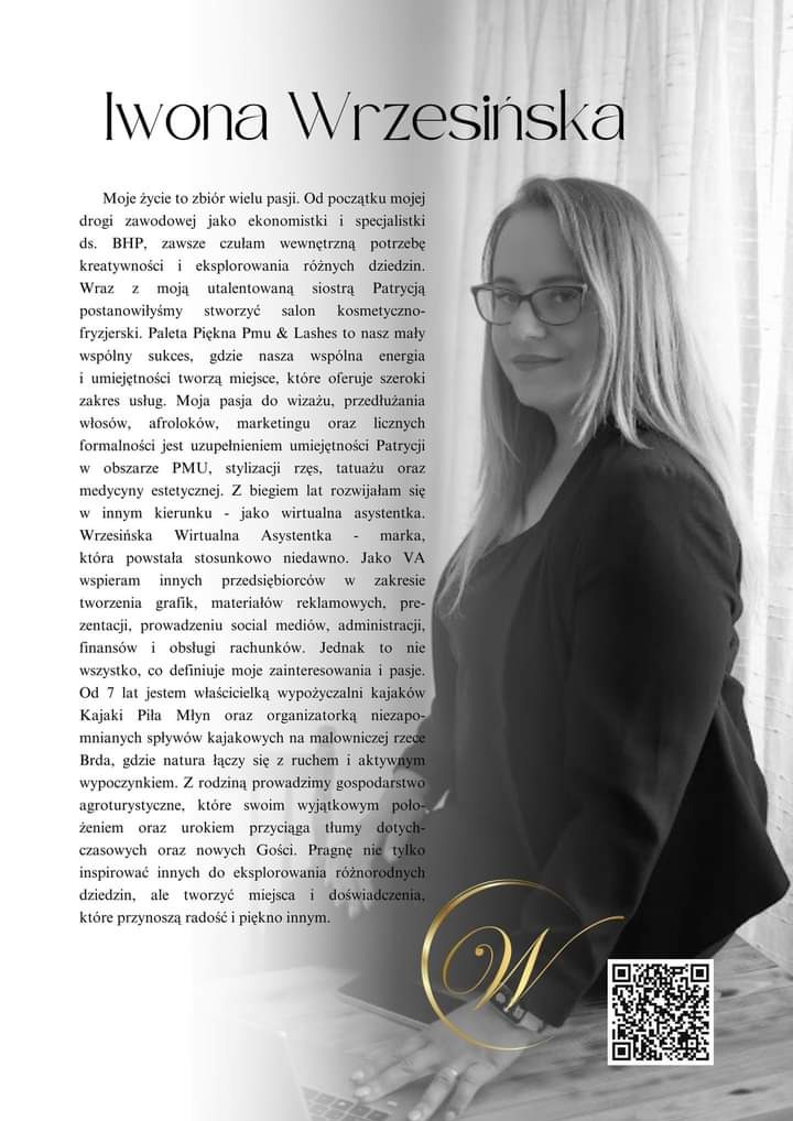 Portret kobiety w okularach, z tekstem opisującym jej działalność zawodową jako wirtualnej asystentki, grafika, marketing i inne usługi dla firm, oraz logo firmy i kod QR w dolnej części zdjęcia.
