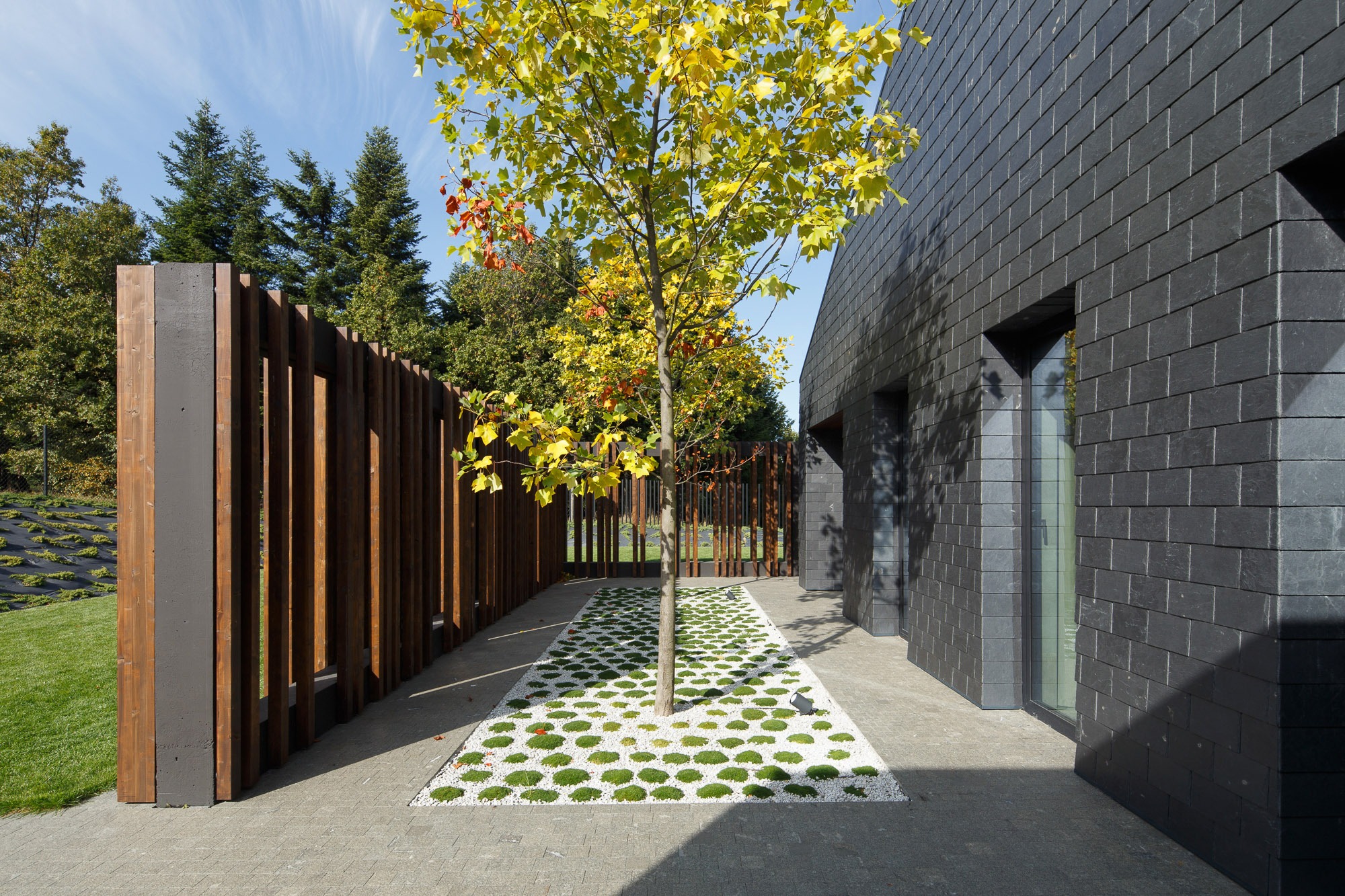 Nowoczesny dom z elewacją z ciemnego kamienia, drewniany płot lamelowy i dekoracyjny pas z białego żwiru i mchu wokół drzewa.