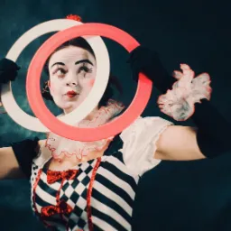 Kobieta w kostiumie mimika z białym makijażem i czerwonymi ustami, trzymająca dwa obręcze: biały i czerwony, na ciemnym tle.