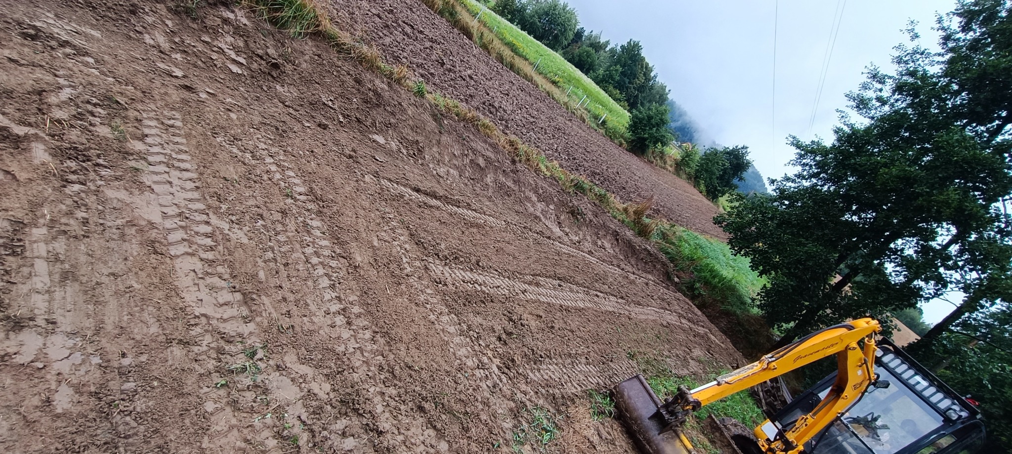 Nierówny teren po niwelacji w Tarnowie, widoczne ślady opon i częściowo żółty mini-koparka w prawym dolnym rogu, w tle zieleń i drzewa.