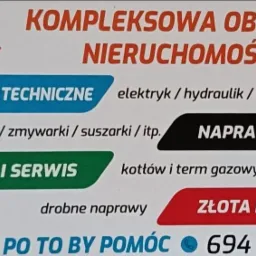 Ogłoszenie firmy oferującej kompleksową obsługę nieruchomości, pogotowie techniczne, naprawę AGD, serwis kotłów gazowych i drobne naprawy, z numerem telefonu.