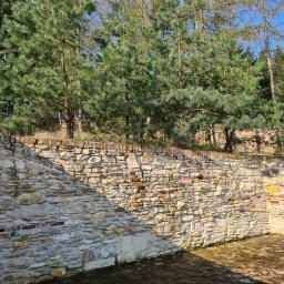 Firma budowlana NIK MAR Artur Jung - Kamienny mur oporowy z elementami cegły, oświetlony popołudniowym słońcem, z widocznymi drzewami iglastymi w tle. Fragment muru pokryty wilgocią.