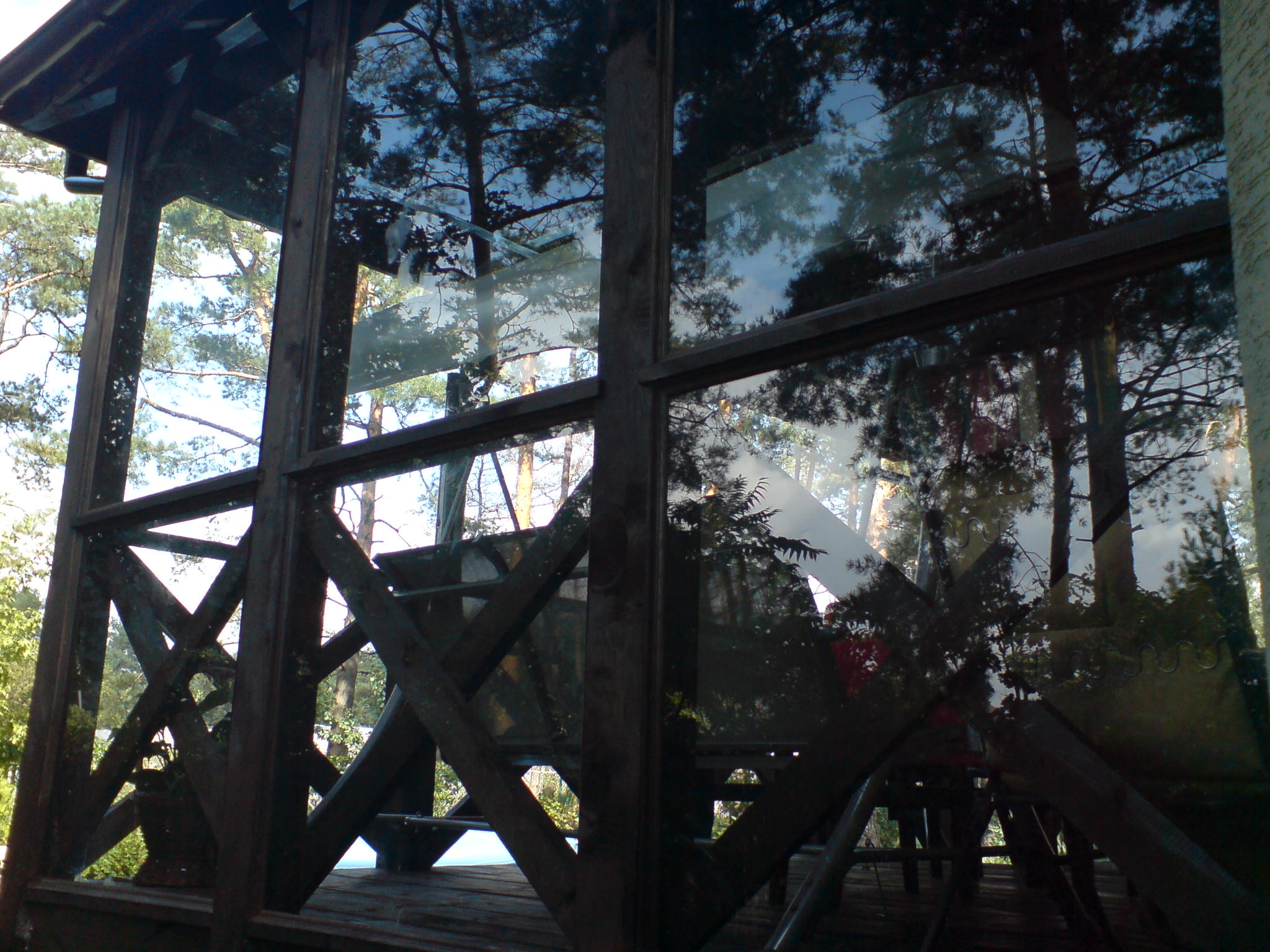 Wnętrze drewnianej konstrukcji z widokiem na las przez okna; refleksje drzew na szybach.