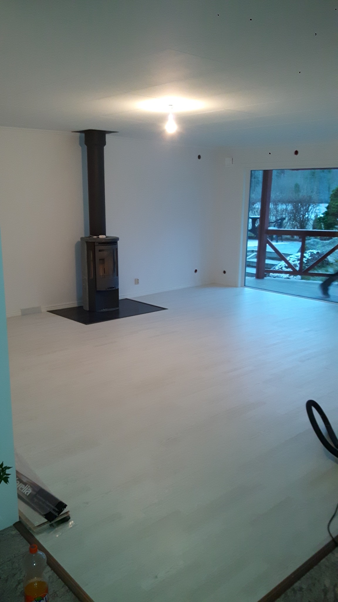 Jasne panele podłogowe w przestronnym salonie z kominkiem, widok na taras i ogród przez duże okno.