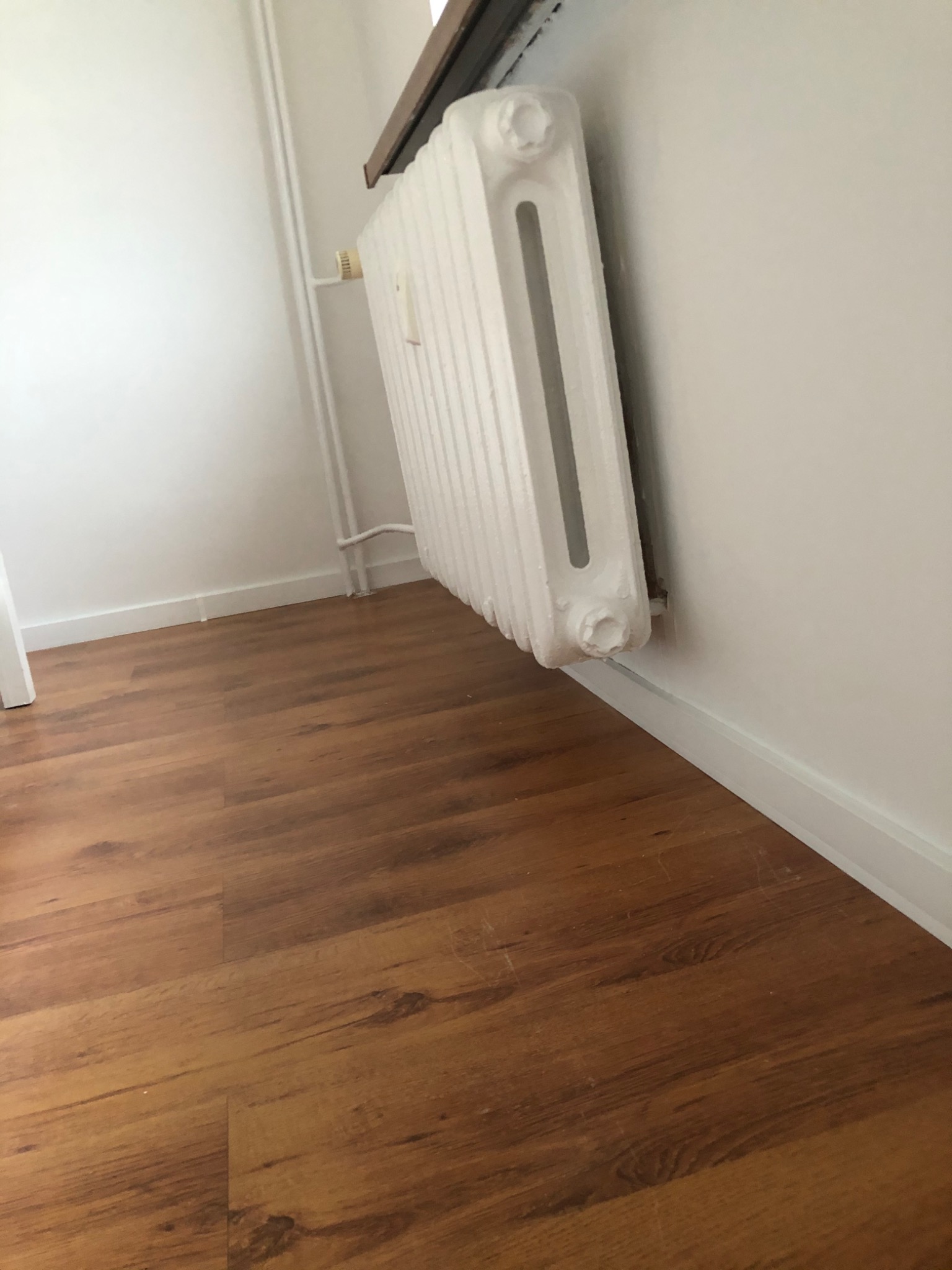 Biały, żeliwny grzejnik zamontowany na białej ścianie, widoczny fragment drewnopodobnej podłogi i listwy przypodłogowej.