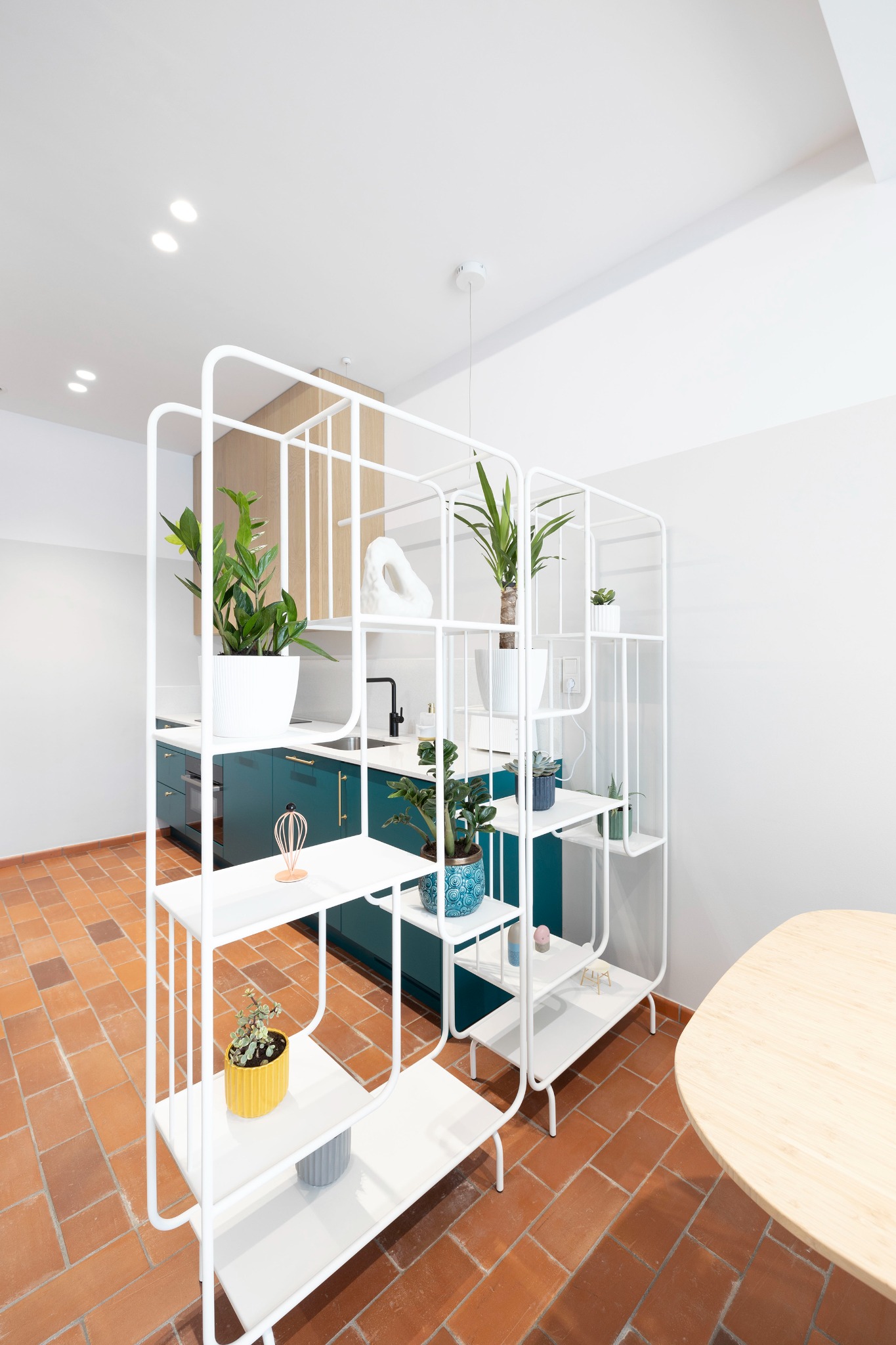 Nowoczesna kuchnia z zielonymi szafkami i białym regałem na rośliny, terakota na podłodze, minimalistyczny wystrój.