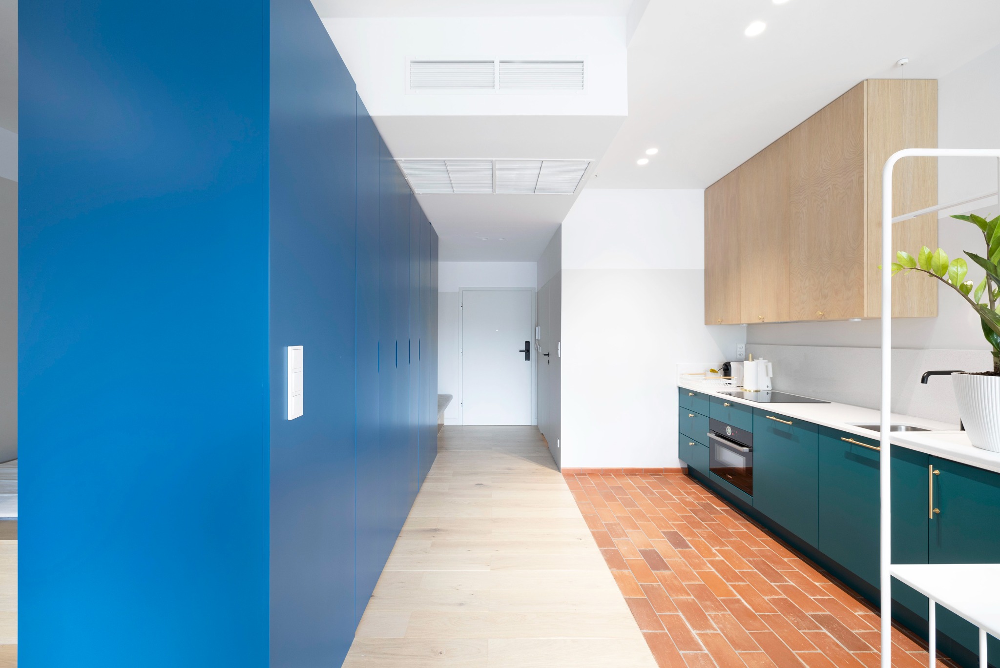 Nowoczesne wnętrze mieszkania z niebieską zabudową szaf, drewnianą podłogą przechodzącą w ceglaną w kuchni z zielonymi szafkami i drewnianymi górnymi szafkami.