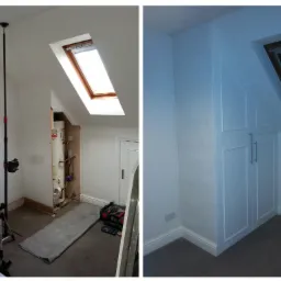 Adaptacja poddasza: po lewej widok przed zabudową, z widocznym laserem poziomującym i instalacją CO, po prawej gotowa biała szafa wnękowa pod skosem dachu z oknem.