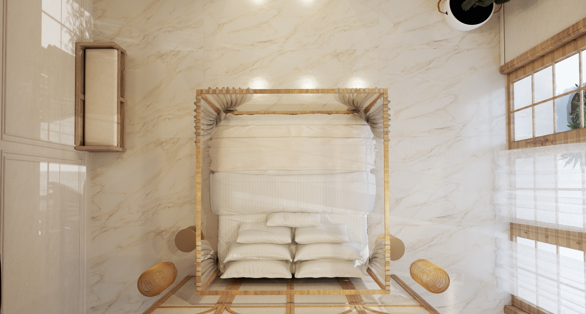 Wizualizacja sypialni z łóżkiem z baldachimem w odcieniach beżu i bieli, widok z góry, marmurowe płytki na podłodze i ścianach, z dekoracyjnymi elementami oświetlenia.