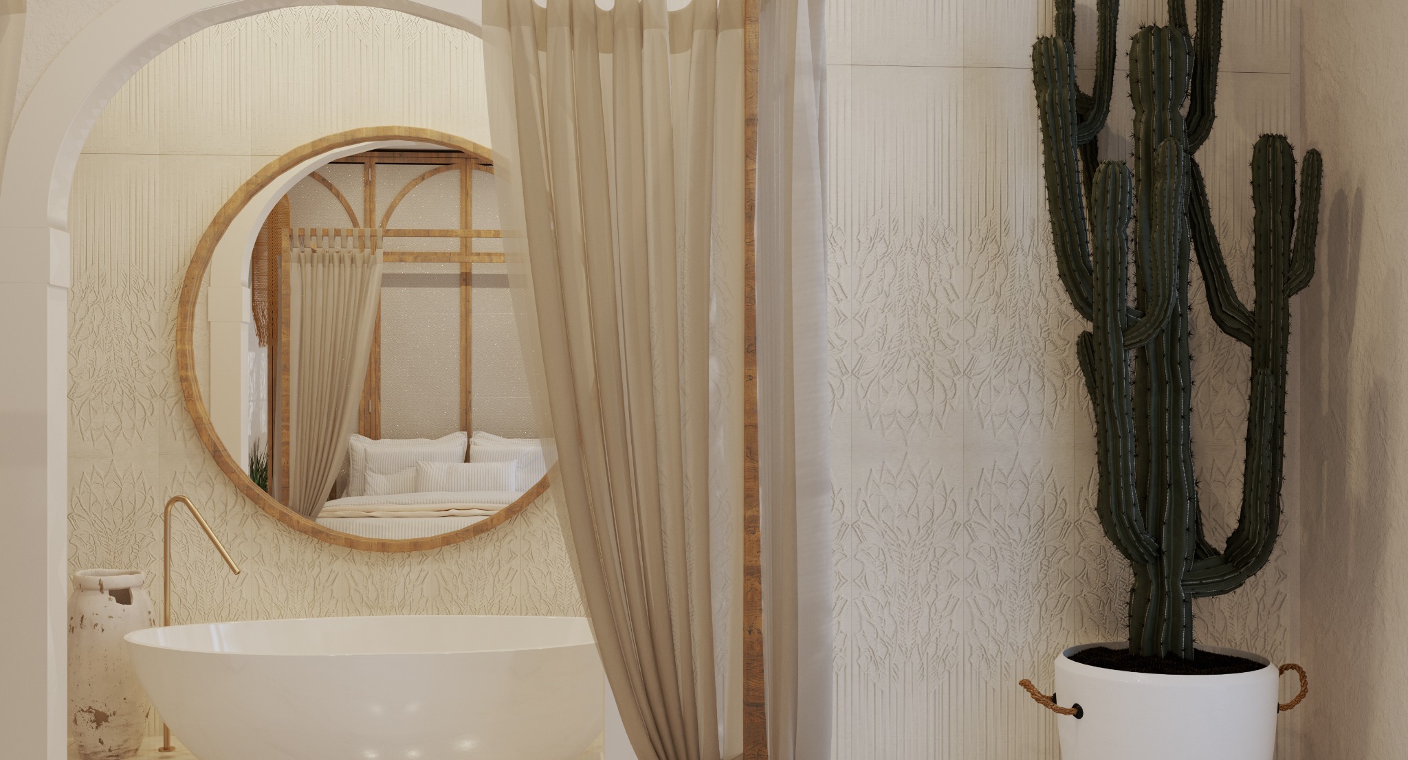Wnętrze łazienki we Wrocławiu z owalnym lustrem odbijającym sypialnię, minimalistyczna wanna wolnostojąca i wysoki kaktus w białej donicy.