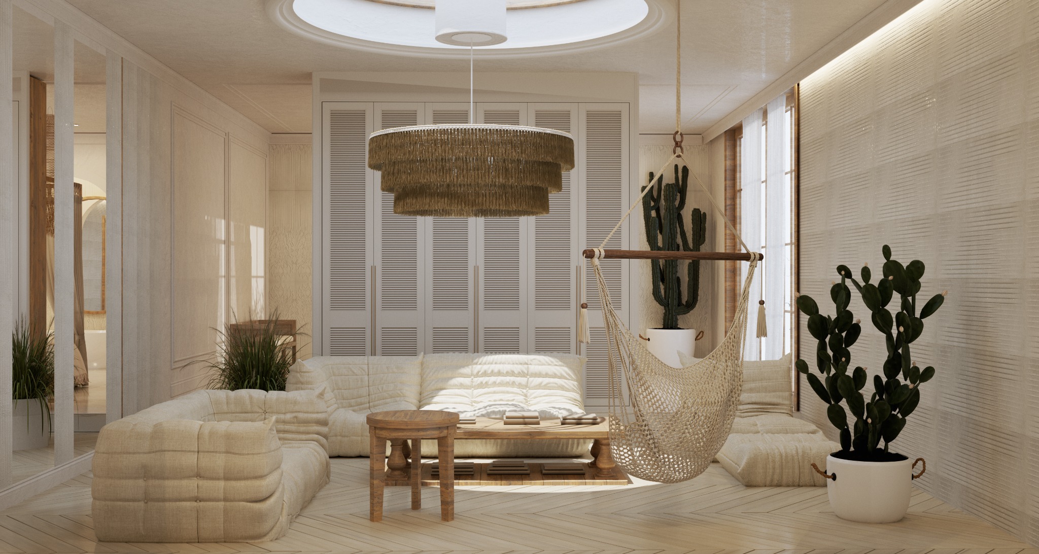 Jasne wnętrze salonu w stylu boho z sofą modułową, plecionym hamakiem, drewnianym stolikiem i lampą z frędzlami, doświetlone okrągłym świetlikiem w suficie.