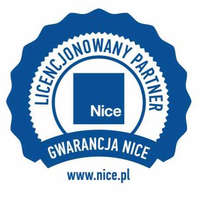 Niebieska odznaka 'Licencjonowany Partner Nice' z logo Nice i adresem www.nice.pl, gwarantująca jakość usług instalacji i serwisu automatyki do bram.