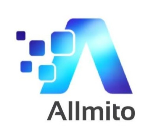 Logo firmy Allmito: stylizowana litera A w odcieniach niebieskiego z elementami pikselowymi i nazwą firmy poniżej.