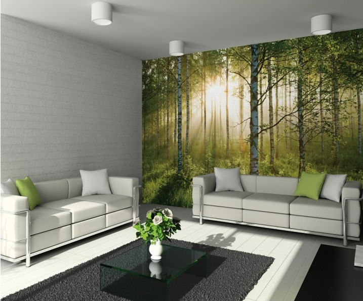 Salon z fototapetą przedstawiającą słoneczny las brzozowy, dwie białe sofy z zielonymi i białymi poduszkami, szklany stolik kawowy na ciemnym dywanie.