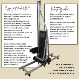 Mobilna drukarka UV do druku bezpośrednio na ścianach, prezentowana na tle z tekstem informacyjnym o technologii druku i jej zaletach.