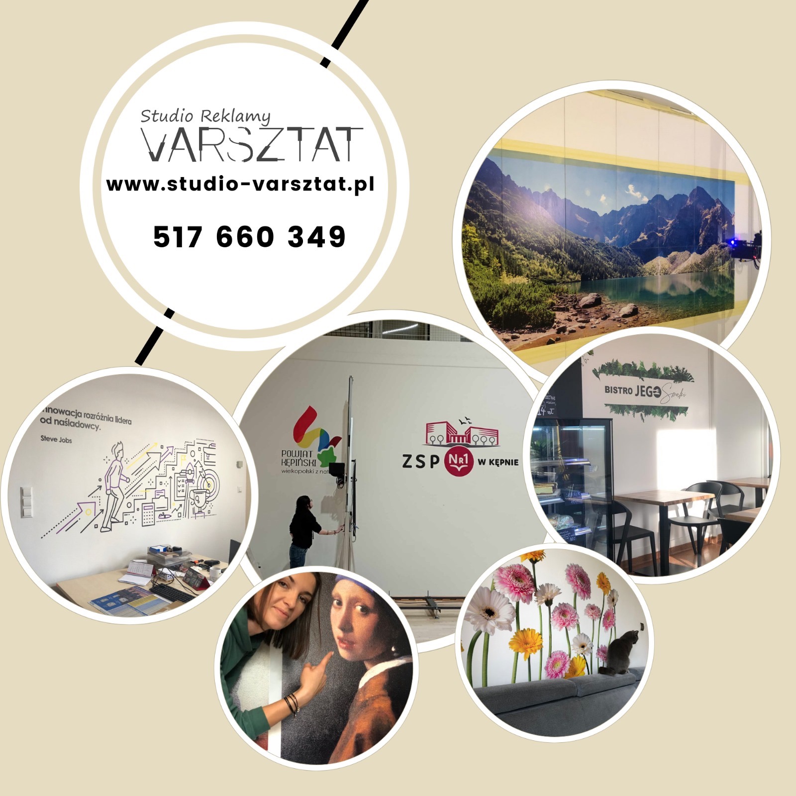 Kolaż zdjęć przedstawiających realizacje studia reklamy: oklejanie ściany fototapetą z górskim krajobrazem, malowanie murali z motywami graficznymi i logo, dekoracja wnętrza naklejkami z kwiatami...