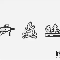 Minimalistyczne czarne ikony na białym tle przedstawiające karabin, ognisko i las, w prawym dolnym rogu logo NFU Studio.