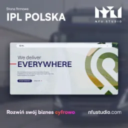 Prezentacja strony firmowej IPL Polska z hasłem 'We deliver EVERYWHERE', widoczny fragment interfejsu z menu i przyciskami, w tle rozmyty widok pojazdu i logo NFU Studio.